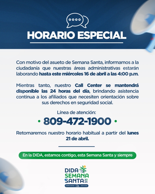 DIDA informa continuidad de su línea de asistencia 24 horas durante Semana Santa fecha