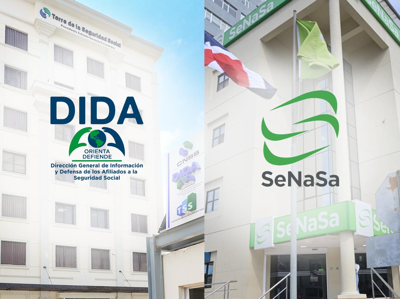 Imagen dividida con los logotipos de la DIDA y de SeNaSa sobre las fachadas de la Torre de la Seguridad Social y de una sede de SeNaSa