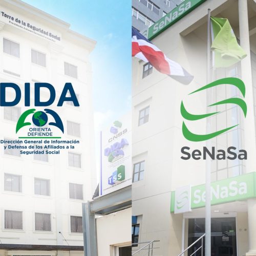 Imagen dividida con los logotipos de la DIDA y de SeNaSa sobre las fachadas de la Torre de la Seguridad Social y de una sede de SeNaSa
